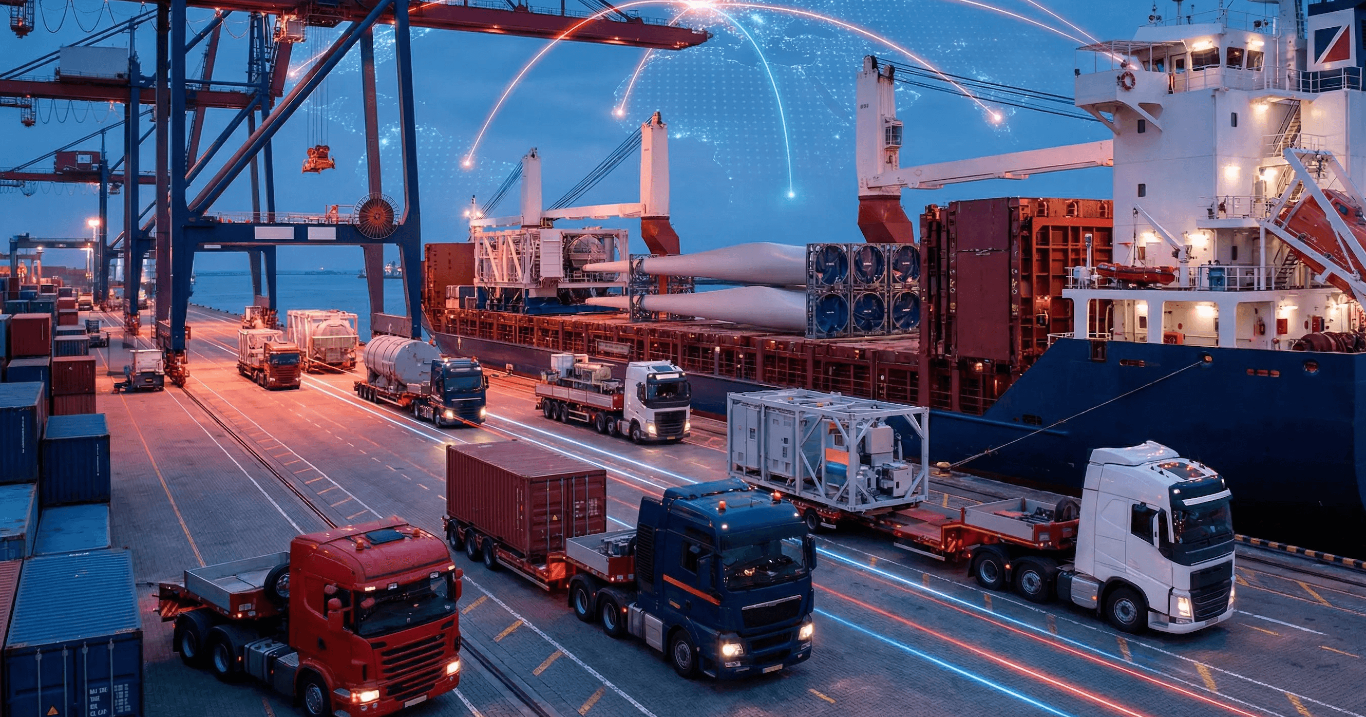 Project cargo operation at port — truck fleet, container ship, and turbine components